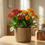 A vibrant Kalanchoe plant with red and orange blooms in a ceramic pot, beside a copper watering can on a sunlit wooden table.