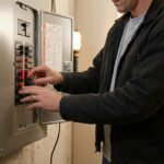 A person's hands carefully examine an open electrical panel, pointing at circuit breakers with red/orange tripped indicators in a well-lit room.