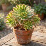 A vibrant Aeonium succulent with green and red-tipped rosettes in a terracotta pot on a wooden table, blurred garden background.