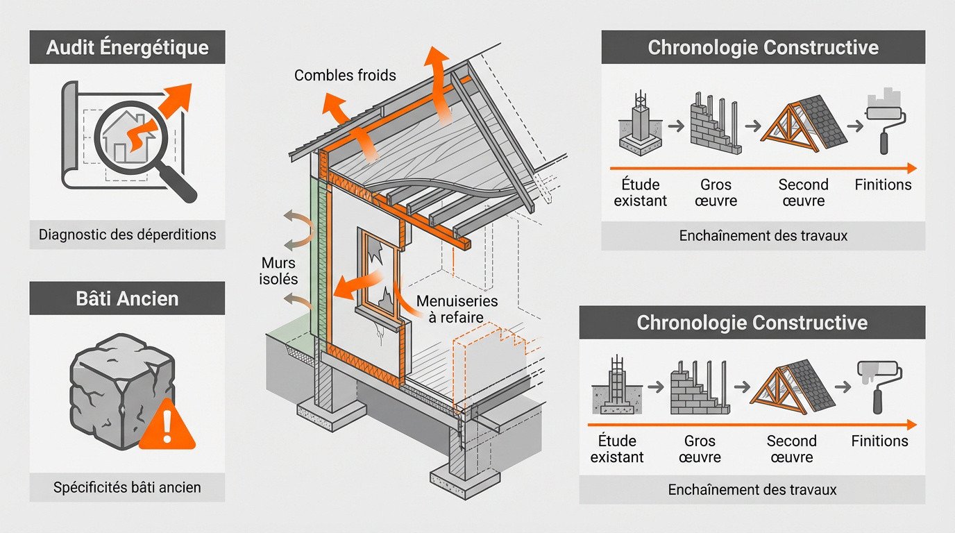 Schéma d'un audit énergétique et étapes de la chronologie constructive pour une rénovation de maison