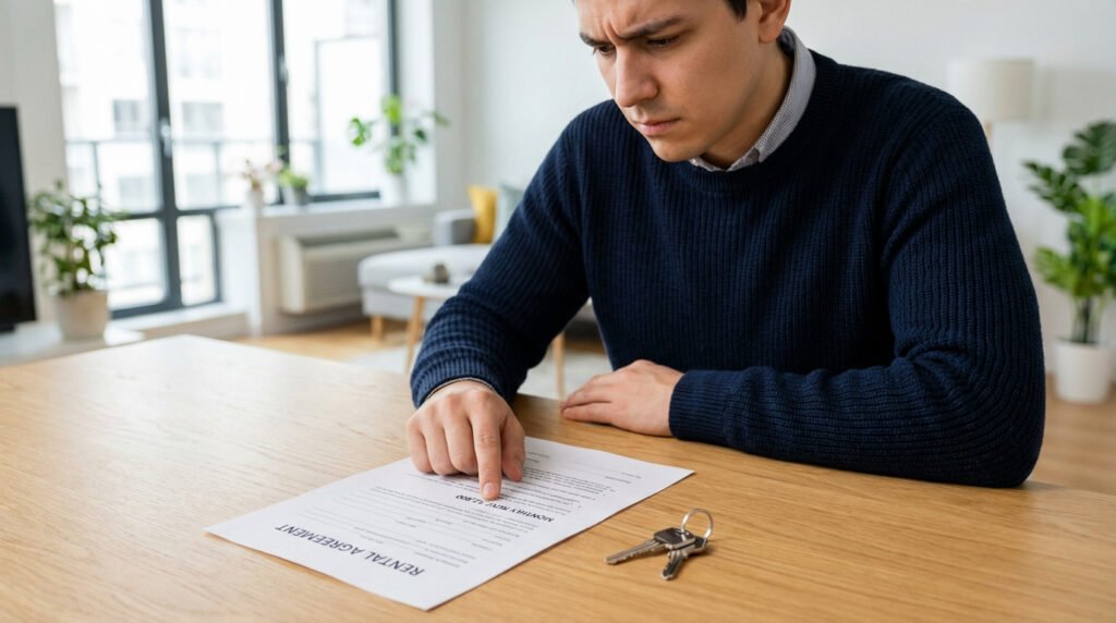 Un homme fronçant les sourcils lit un contrat de location sur une table en bois, près de clés, l'air préoccupé par le loyer.