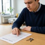 Un homme fronçant les sourcils lit un contrat de location sur une table en bois, près de clés, l'air préoccupé par le loyer.
