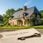 Contrat de bail et clé vintage sur table en bois, avec une charmante maison rurale normande en pierre à l'arrière-plan.