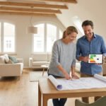 Un couple examine des plans architecturaux et un DPE sur tablette dans un salon lumineux, planifiant rénovation et efficacité énergétique.