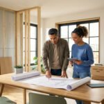 Un couple examine des plans de rénovation sur une table, dans une pièce en travaux. Des boîtes 'Smart Home 2026' sont visibles.