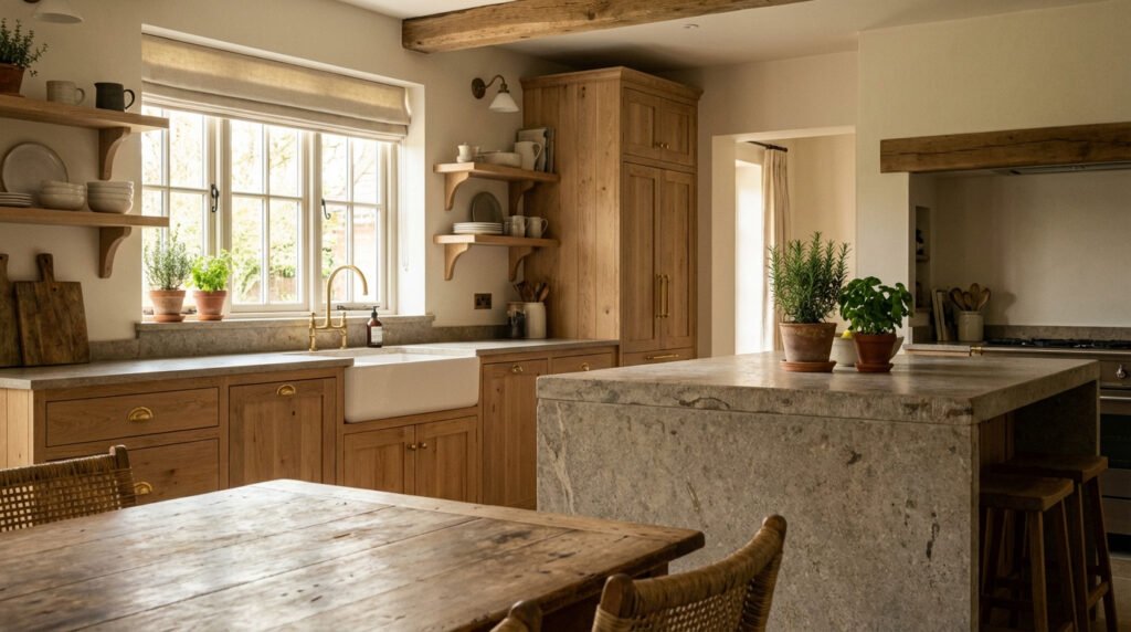 Cuisine campagne chic lumineuse avec meubles en bois clair, plan de travail et îlot central en pierre, évier en céramique et herbes aromatiques.