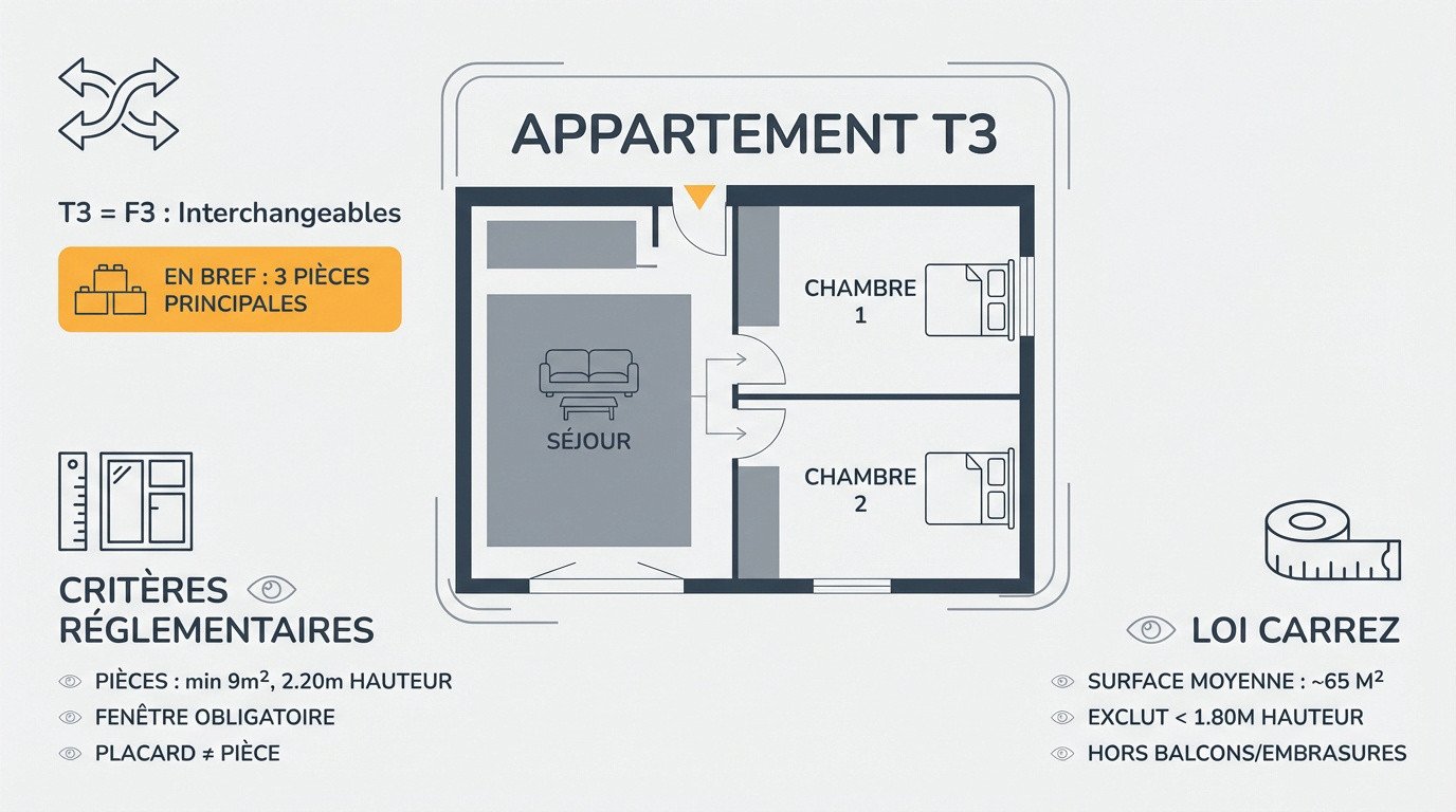 Infographie présentant les caractéristiques clés d'un appartement T3 : surface, pièces et réglementation.