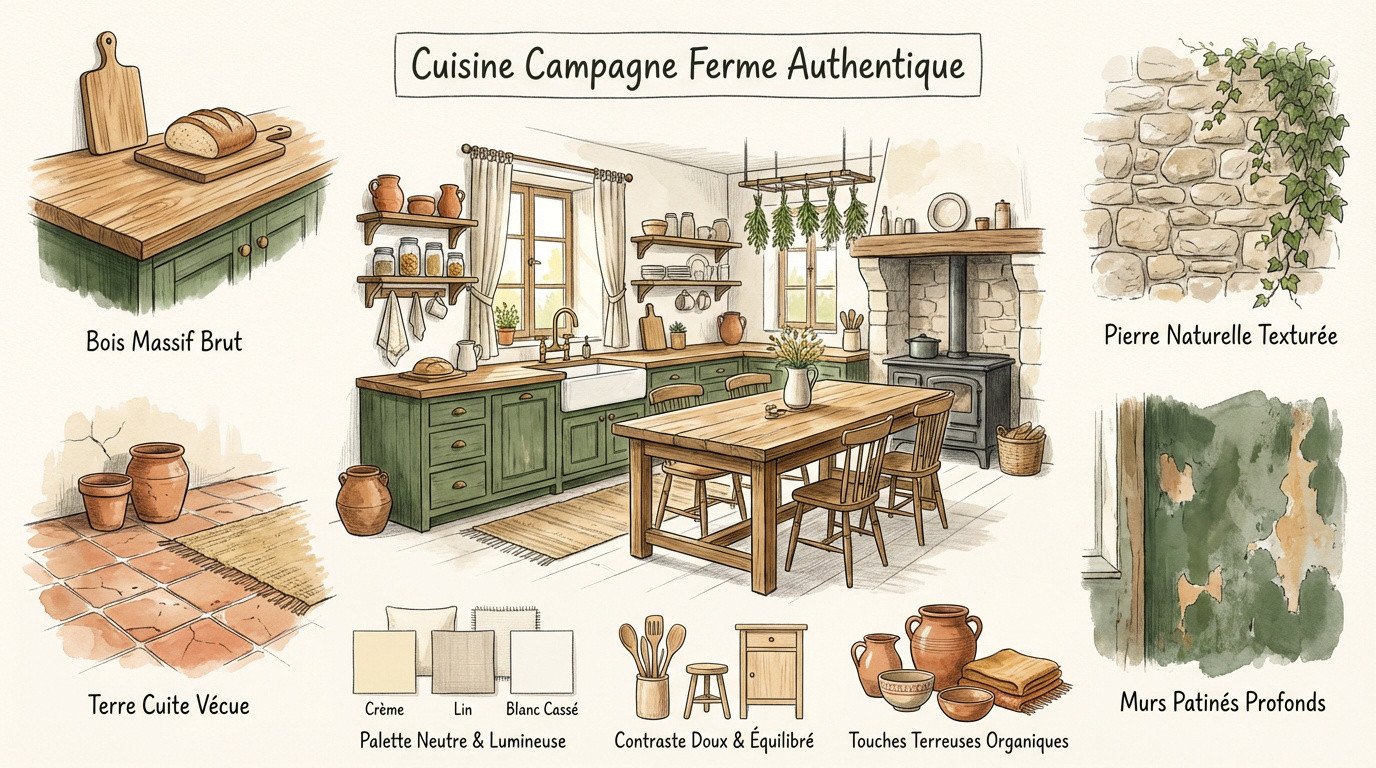 Infographie présentant les matériaux bruts et la palette de couleurs pour une cuisine de style ferme