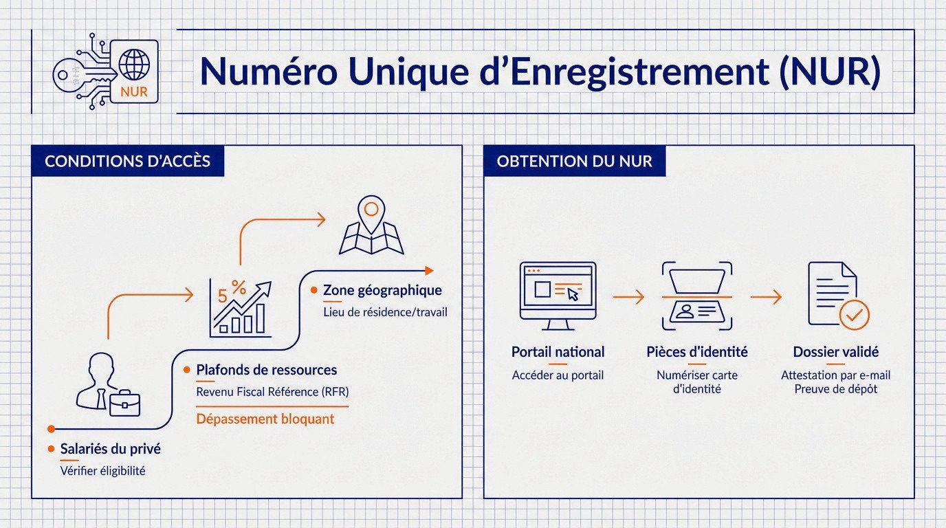 Infographie expliquant les étapes pour obtenir le numéro unique d'enregistrement NUR NUD