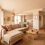 Grand salon-cuisine ouvert d'un T3 moderne aux tons neutres, avec canapé beige, table basse en bois et grandes baies vitrées.