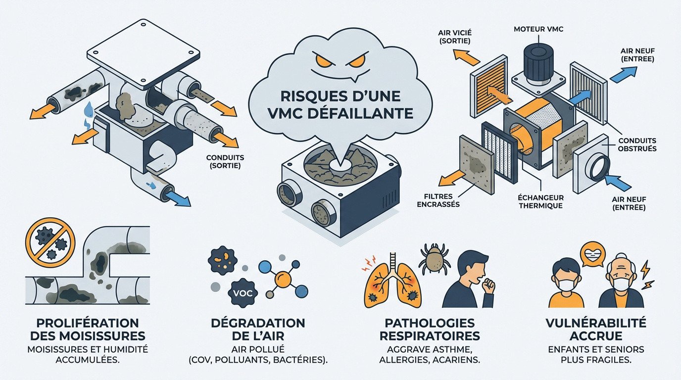 Illustration des risques sanitaires et moisissures causés par une VMC défaillante