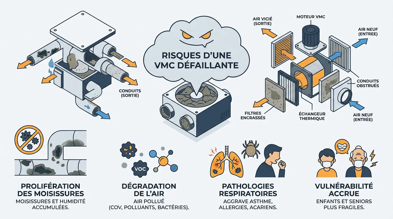 Illustration des risques sanitaires et moisissures causés par une VMC défaillante