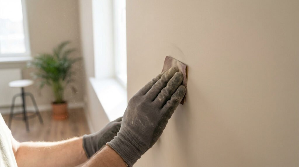 Mains gantées ponçant un mur beige. Des particules de poussière volent sous la lumière d'une fenêtre. Préparation d'une surface.