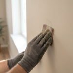 Mains gantées ponçant un mur beige. Des particules de poussière volent sous la lumière d'une fenêtre. Préparation d'une surface.