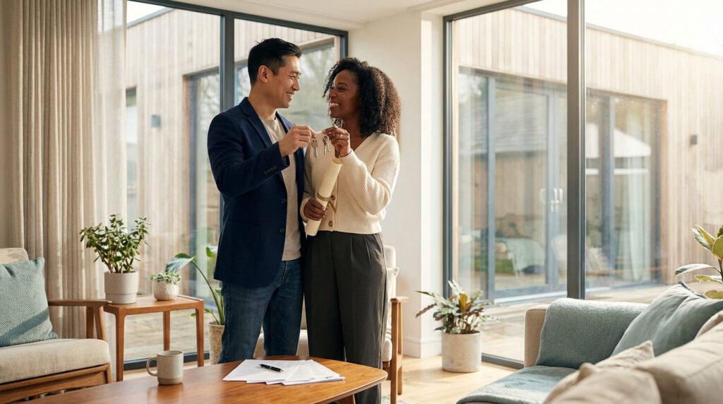 Couple mixte souriant tenant des clés dans un salon lumineux et moderne. Des documents sont sur la table basse.