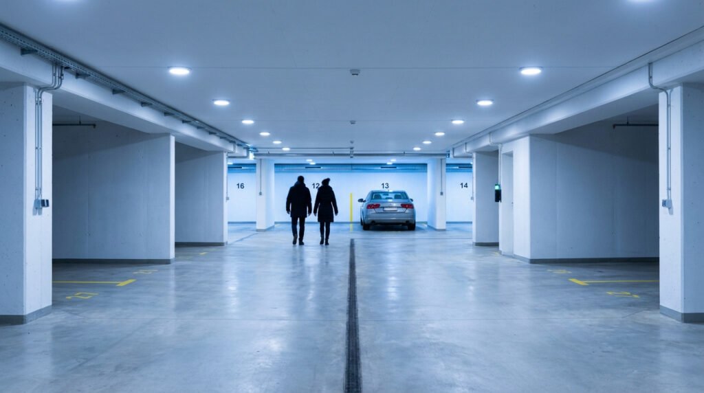 Parking souterrain moderne et lumineux avec deux personnes marchant vers une voiture garée.