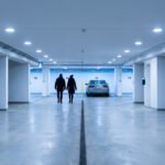 Parking souterrain moderne et lumineux avec deux personnes marchant vers une voiture garée.