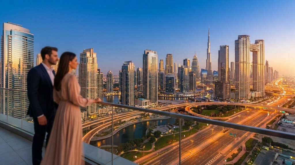 Couple sur un balcon luxueux à Dubaï admirant la ville au coucher du soleil, avec gratte-ciel et autoroutes illuminées.
