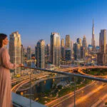 Couple sur un balcon luxueux à Dubaï admirant la ville au coucher du soleil, avec gratte-ciel et autoroutes illuminées.