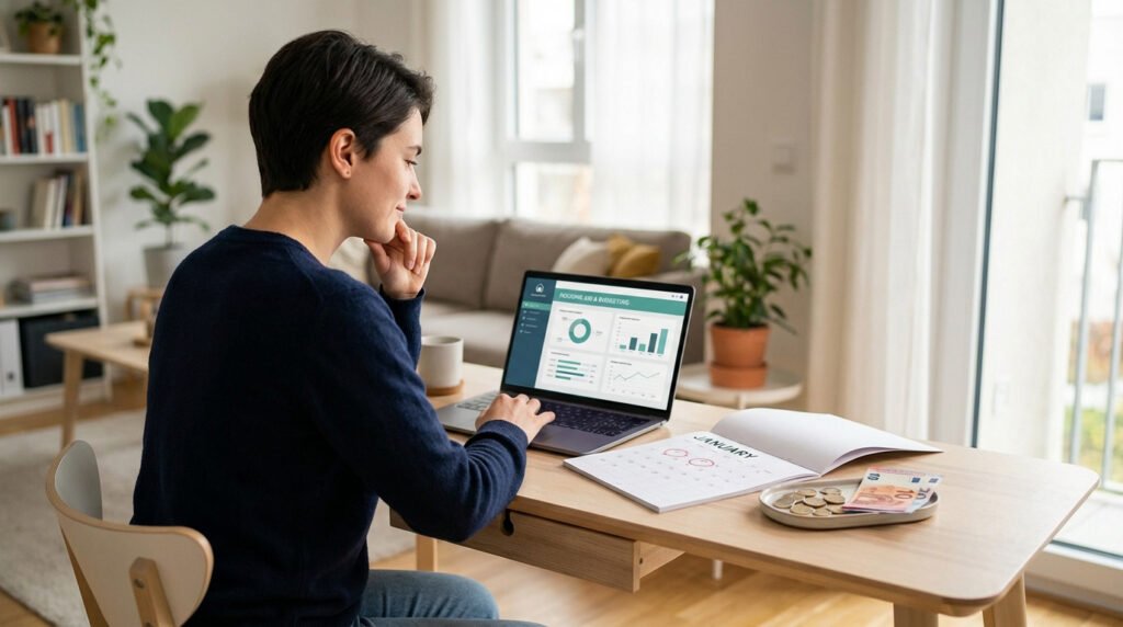 Femme analysant un tableau de bord financier et APL sur son laptop, avec calendrier de janvier et argent sur le bureau.