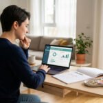 Femme analysant un tableau de bord financier et APL sur son laptop, avec calendrier de janvier et argent sur le bureau.