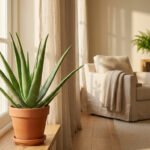 Plante d'aloe vera verte luxuriante dans un pot en terre cuite sur un rebord de fenêtre en bois, avec rideaux et salon ensoleillé.
