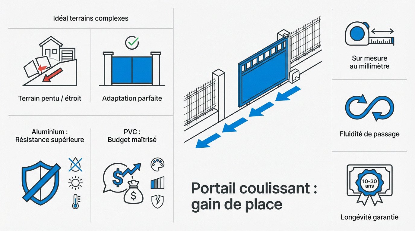 Portail coulissant moderne en aluminium gris anthracite installé sur une entrée optimisant l'espace de refoulement latéral