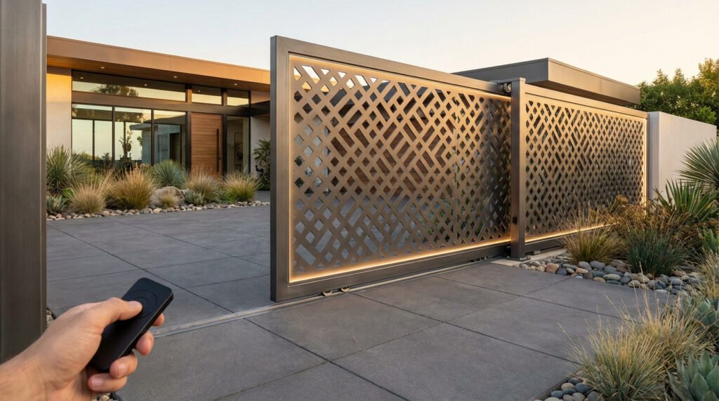 Main tenant une télécommande devant un portail coulissant moderne, ajouré avec motifs géométriques et éclairage LED, devant une maison contemporaine.