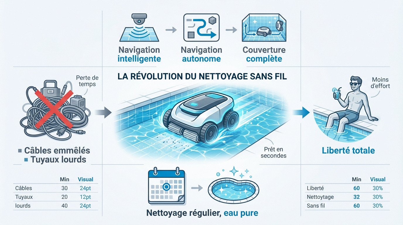 Aspirateur de piscine sans fil autonome en plein nettoyage du fond du bassin