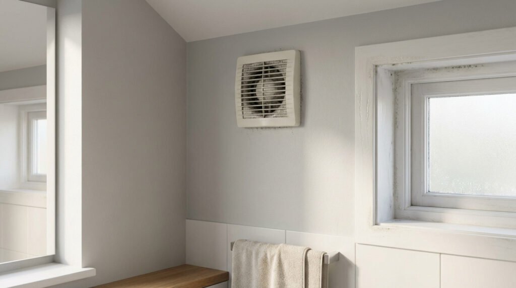 Ventilateur VMC très encrassé par la poussière et moisissures noires autour d'une fenêtre dans une pièce humide et mal ventilée.