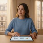 Femme utilisant une tablette avec des icônes de recherche, document, clé, devant une fenêtre avec vue sur des immeubles parisiens.