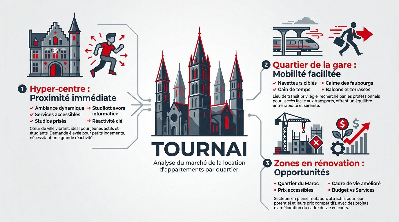Vue aérienne du marché locatif et des quartiers de Tournai