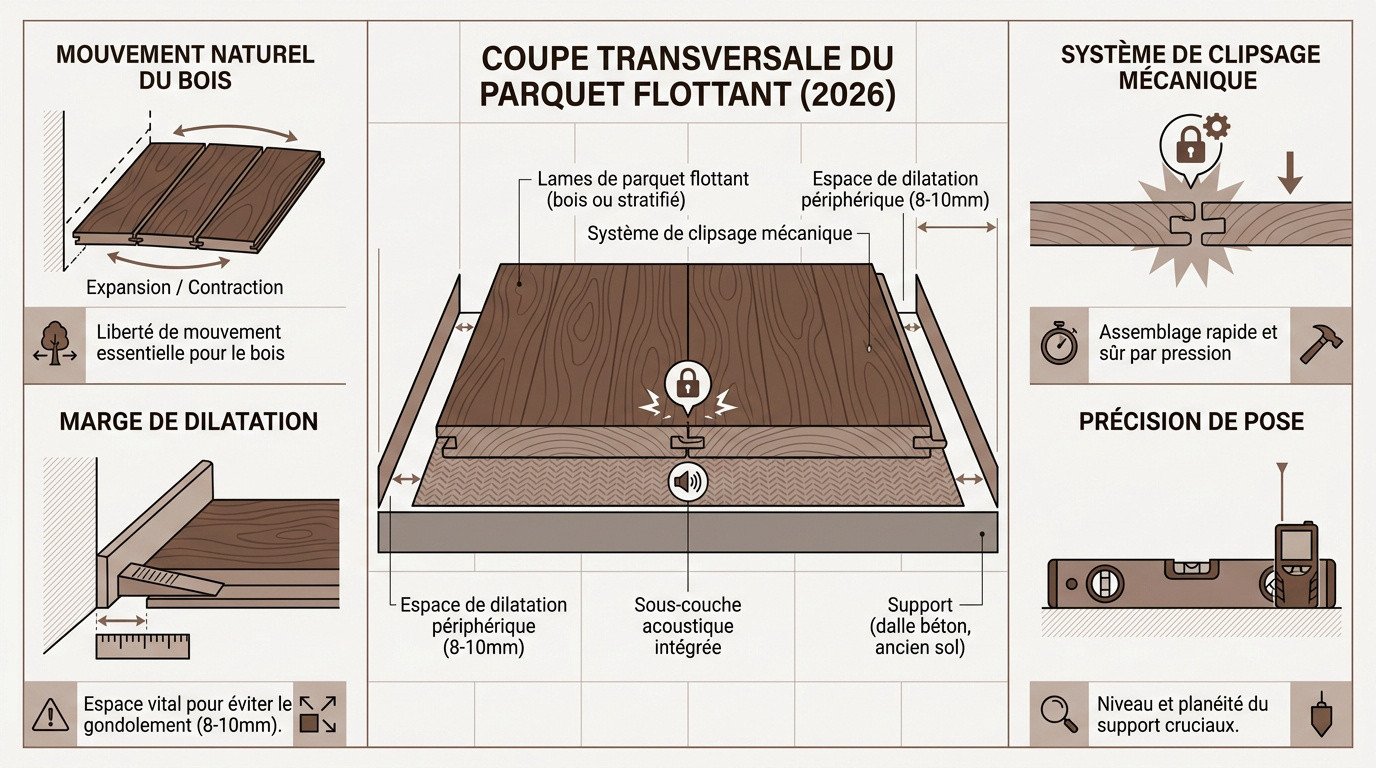 Schéma technique de pose d'un parquet flottant avec système de clipsage et joint de dilatation