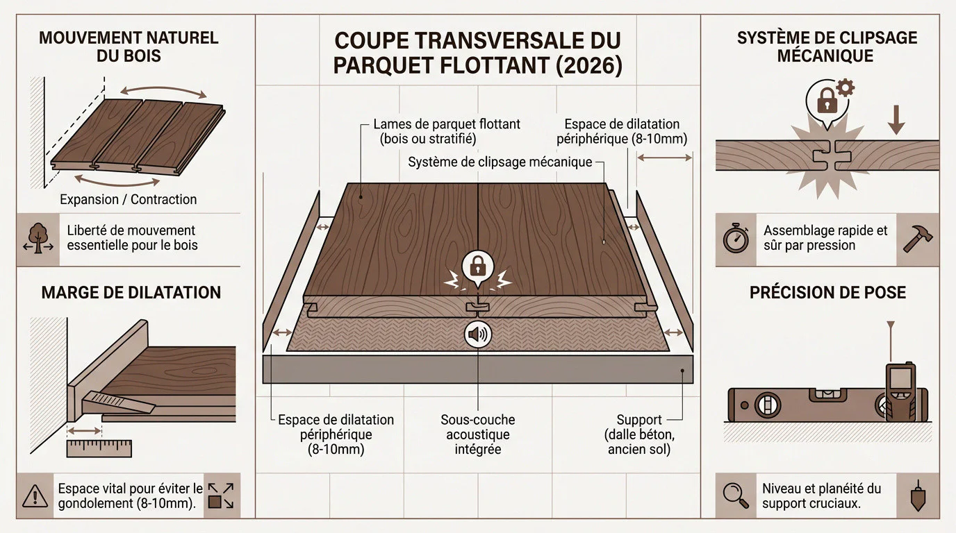 Schéma technique de pose d'un parquet flottant avec système de clipsage et joint de dilatation