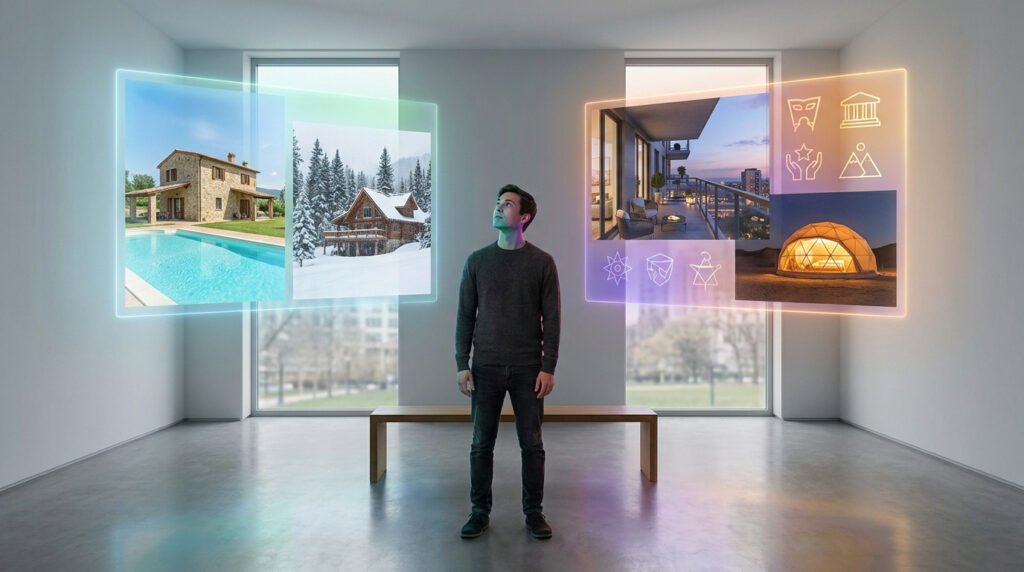 Homme face à des écrans virtuels montrant diverses locations (maison, chalet, appartement, dôme) et icônes dans un intérieur moderne.