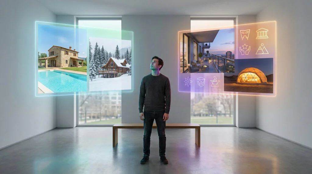 Homme face à des écrans virtuels montrant diverses locations (maison, chalet, appartement, dôme) et icônes dans un intérieur moderne.