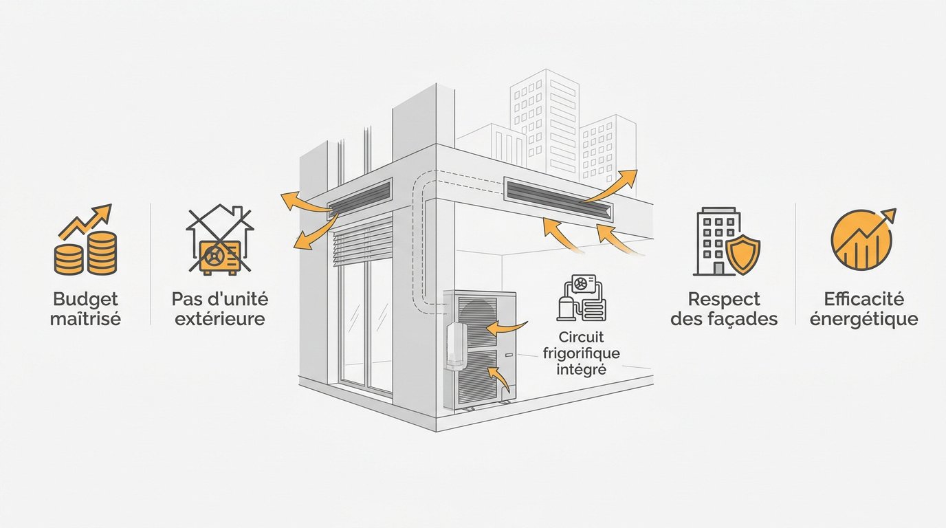 climatiseur monobloc mural installé avec discrétion dans un salon moderne