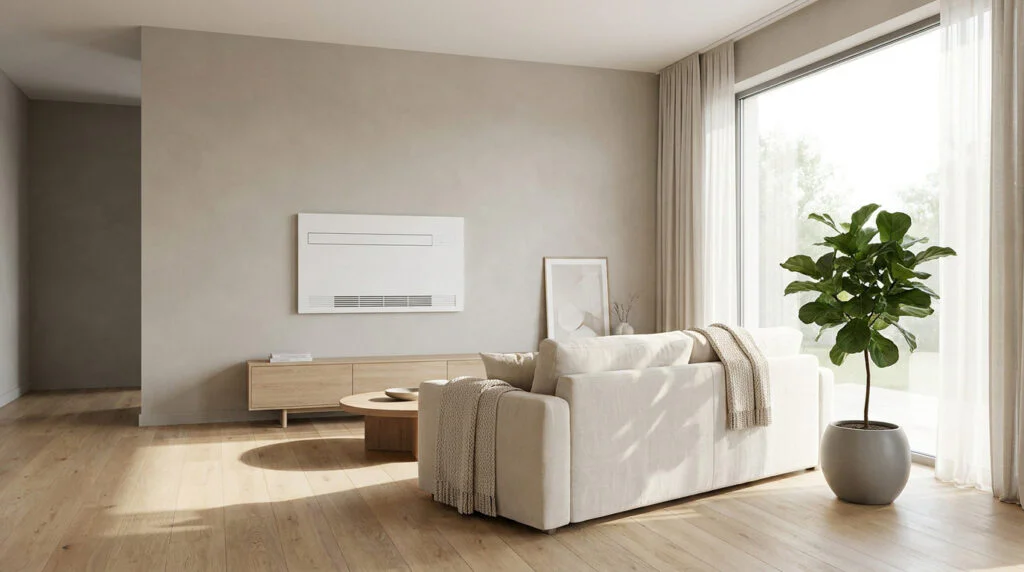 Salon lumineux et moderne avec climatisation monobloc murale blanche, canapé beige, plancher bois et grande fenêtre.