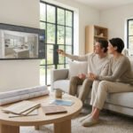 Un couple regarde un plan de cuisine 3D sur écran avec un architecte d'intérieur, des échantillons sur la table.