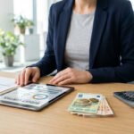 Personne évaluant les frais juridiques d'un constat d'huissier sur une tablette avec billets et calculatrice.