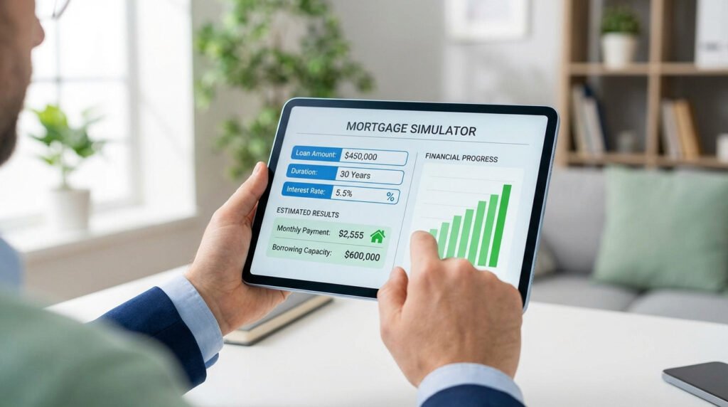 Personne utilisant une tablette avec un simulateur de prêt immobilier affichant montant, durée, taux, mensualité et capacité d'emprunt.
