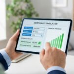 Personne utilisant une tablette avec un simulateur de prêt immobilier affichant montant, durée, taux, mensualité et capacité d'emprunt.