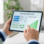 Personne utilisant une tablette avec un simulateur de prêt immobilier affichant montant, durée, taux, mensualité et capacité d'emprunt.