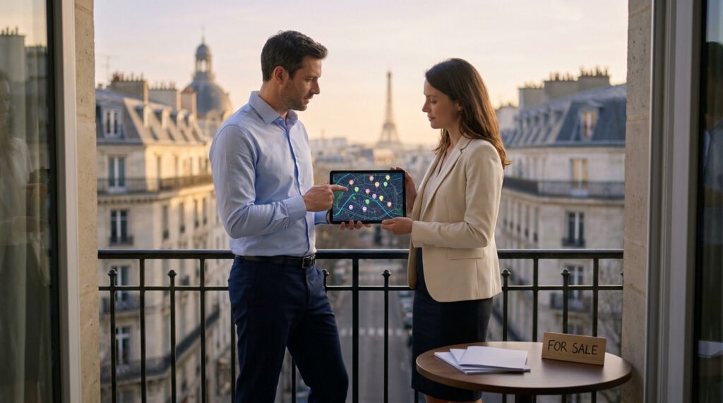 Deux agents immobiliers montrent une carte numérique sur tablette depuis un balcon parisien, avec la Tour Eiffel en arrière-plan.