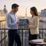 Deux agents immobiliers montrent une carte numérique sur tablette depuis un balcon parisien, avec la Tour Eiffel en arrière-plan.