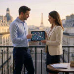 Deux agents immobiliers montrent une carte numérique sur tablette depuis un balcon parisien, avec la Tour Eiffel en arrière-plan.