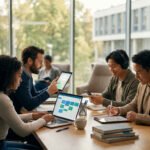 Quatre personnes diverses travaillant sur appareils numériques dans un espace d'étude moderne, lumineux et collaboratif.