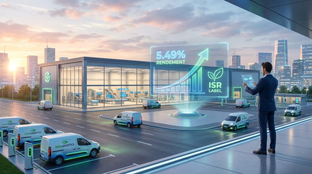 Un entrepôt logistique moderne avec des véhicules électriques en charge, un homme d'affaires et un hologramme de rendement ISR.