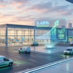 Un entrepôt logistique moderne avec des véhicules électriques en charge, un homme d'affaires et un hologramme de rendement ISR.