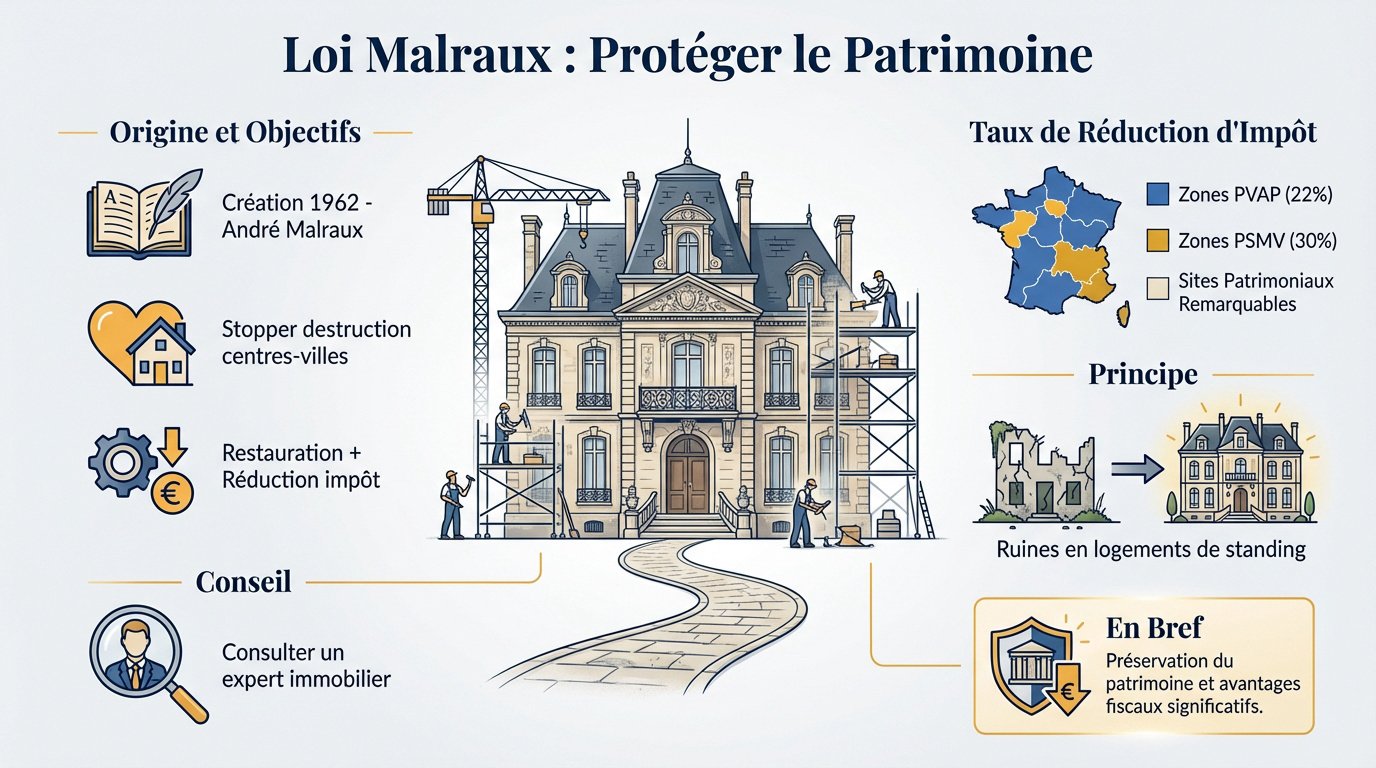 Infographie expliquant les principes de la loi Malraux pour la protection du patrimoine